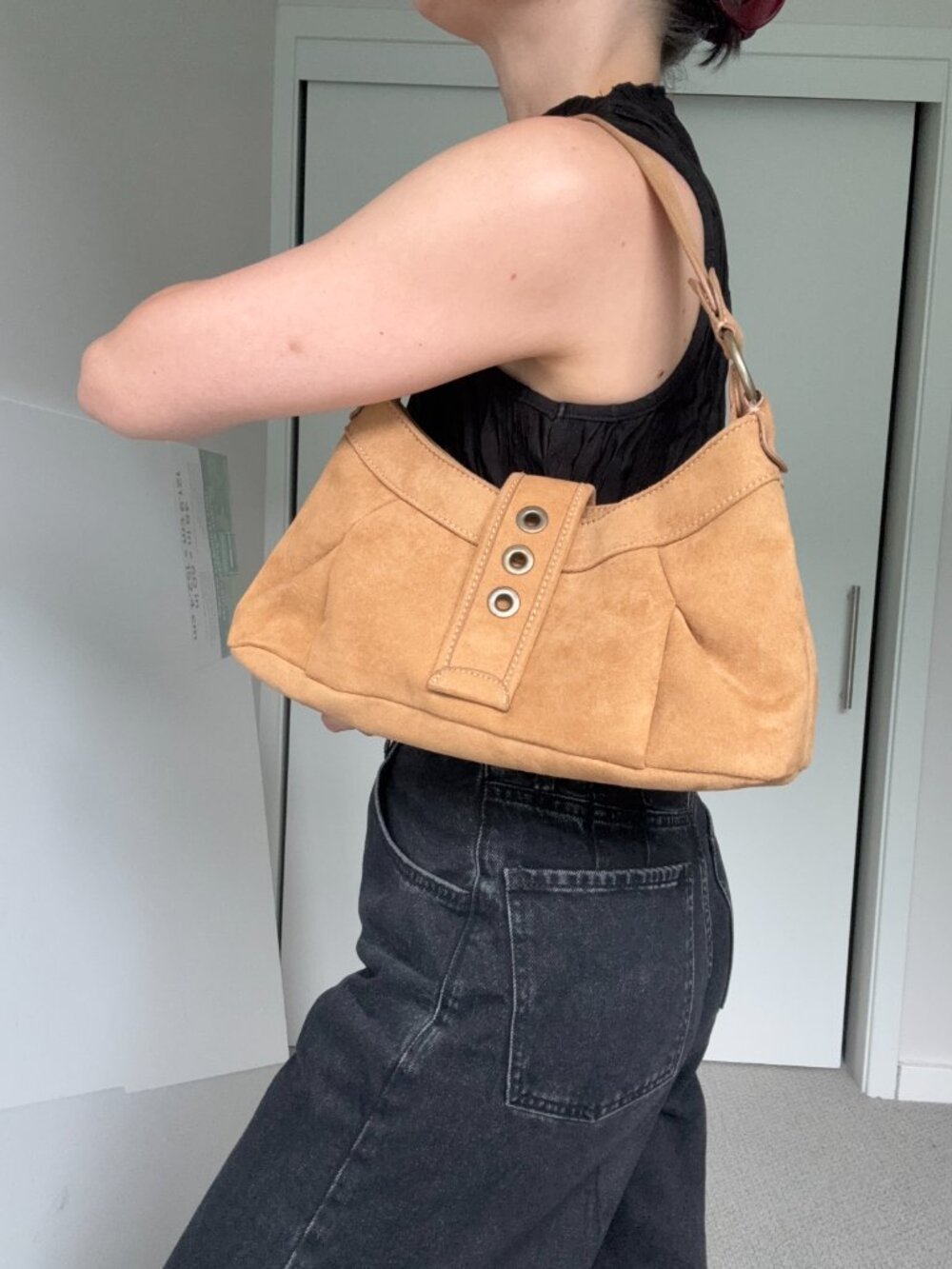Tan Faux Suede Shoulder Bag with Grommet Strap Detail